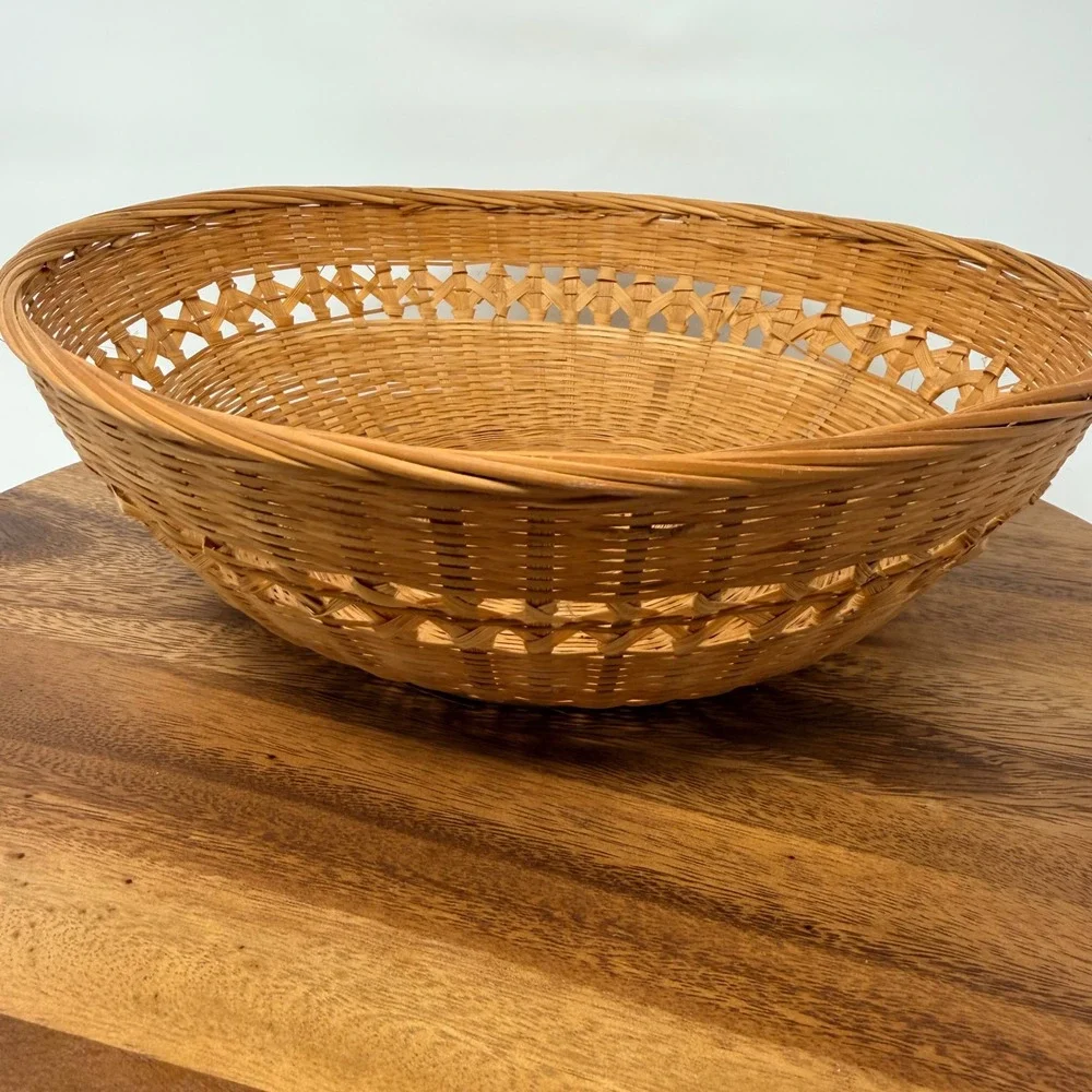Vintage Woven Bamboo Round Basket Bowl Boho Decor 12 Inch